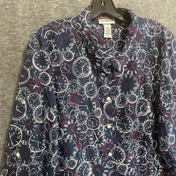 Catherines Top Women 1X Blue Clock Print Novely Button Roll Tab Blouse‎ Office - Picture 4 of 9